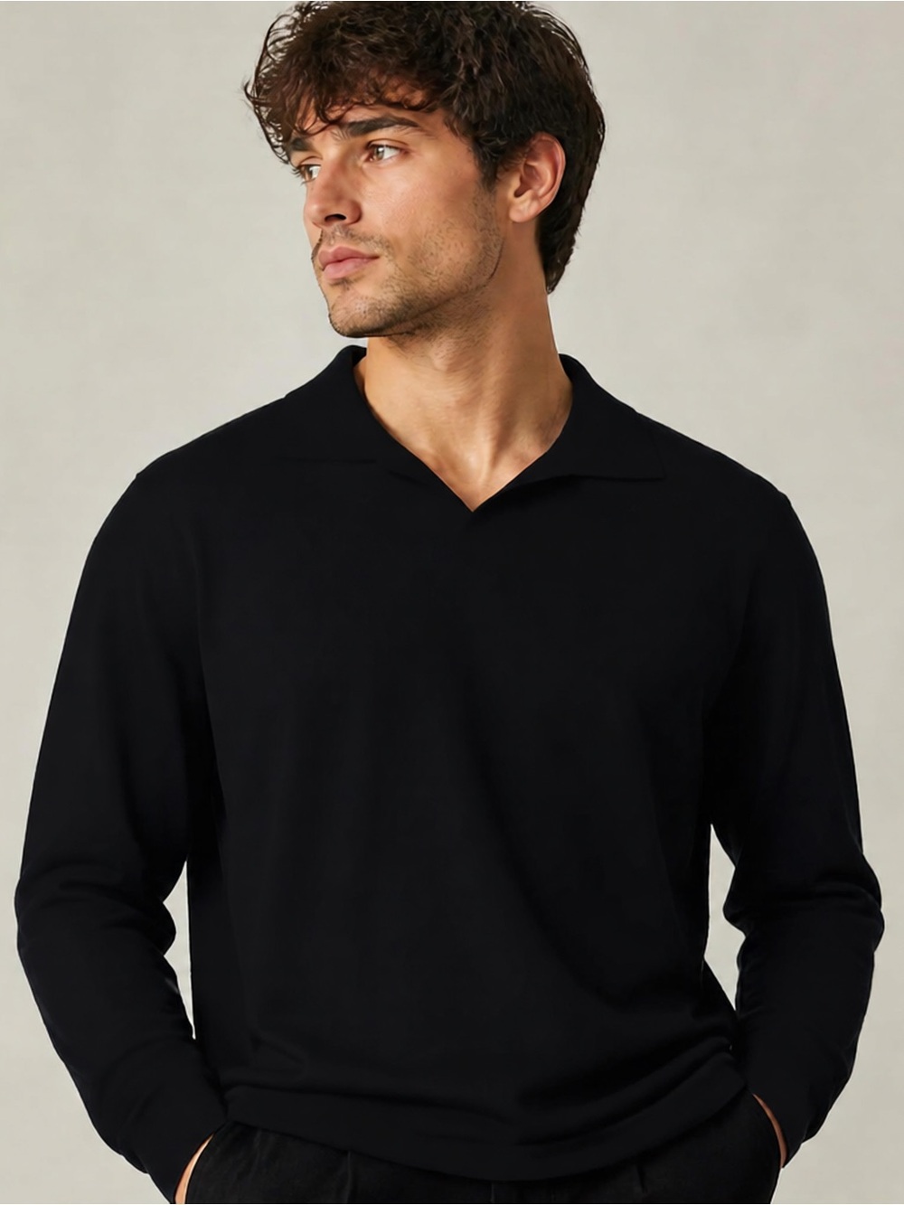 Vintage Banana Republic Black Long-Sleeve Stretch Merino Wool Polo Sweater